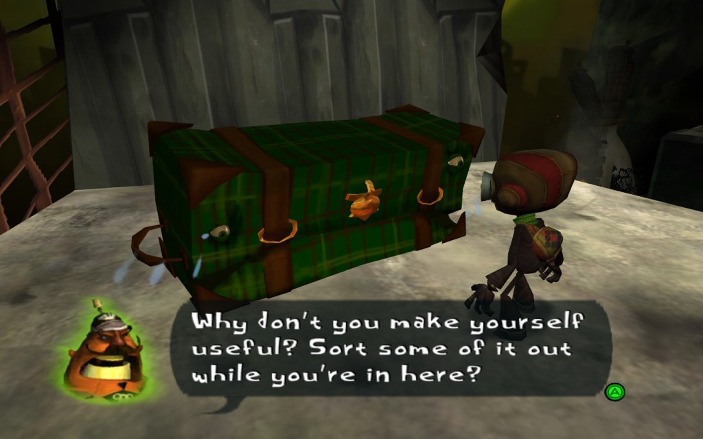 A green plaid steamer trunk cries sadly in front of Razputin. Coach Oleander orders Raz to sort it out while he's in Basic Braining.