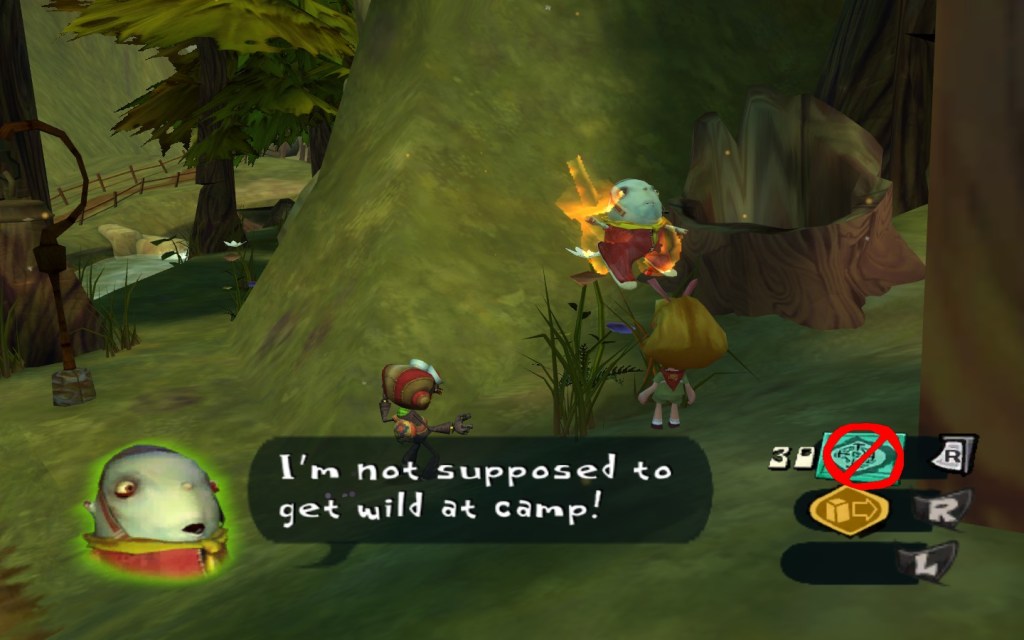 Raz uses telekinesis to levitate fellow camper Dogen. Dogen is understandably concerned and says that he isn't supposed to get wild at camp.