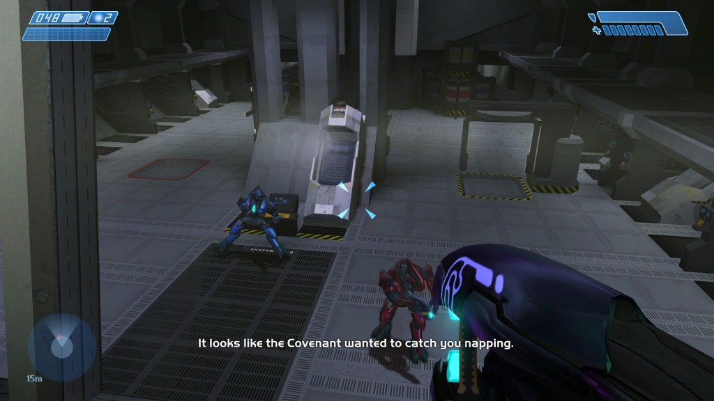 Two Covenant Elites look around the Pillar of Autumn's cryo chamber for Master Chief, who has since left. Cortana, the local AI, comments that they were hoping to catch Master Chief sleeping.