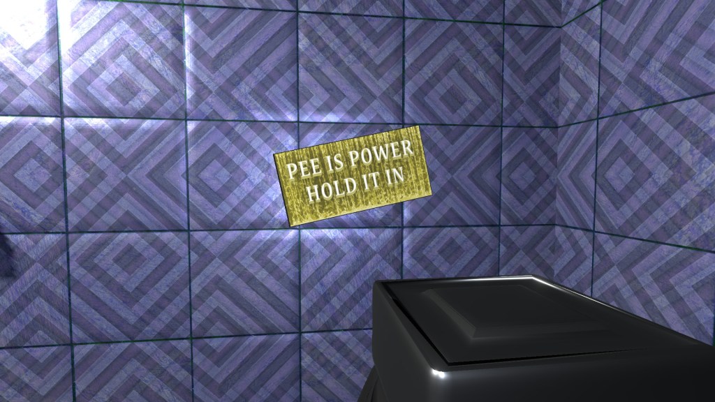 A yellow sign attached to bathroom tiles that reads "Pee is power, hold it in!"