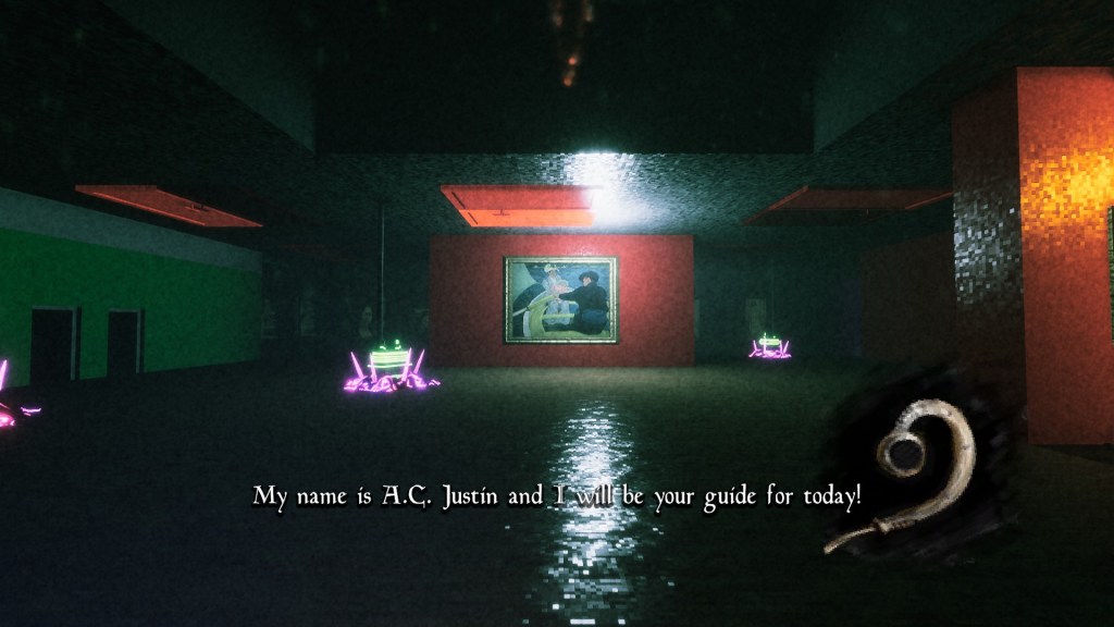 The curator of the Crux Gallery introduces themselves. The room features two green glowing battery-like structures in a pool of a glowing magenta substance.