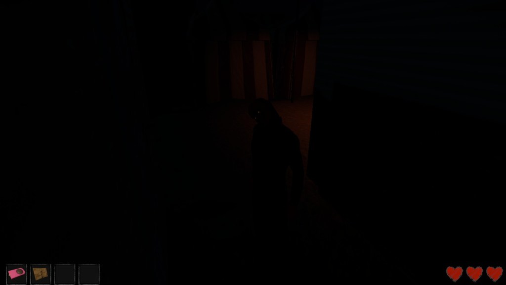 The figure looking for the book stands outside the player's trailer. Their neck is tilted to the right, looking almost broken.