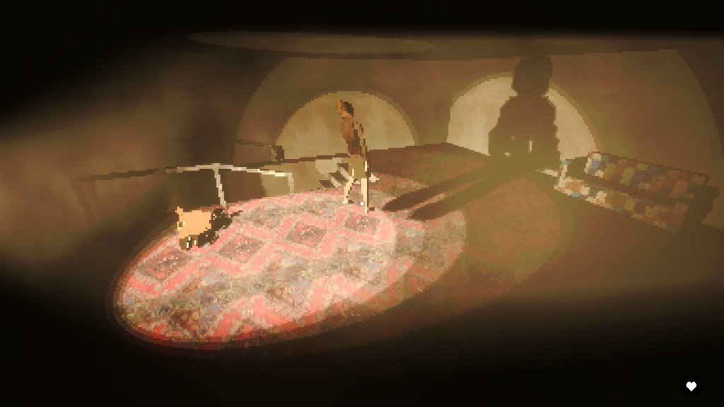 An accoutrements horse mask lies on the ground in a spotlight. A woman's body is hovering slightly above the ground, facing away from the light. 