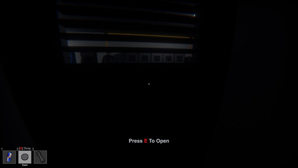 The player is inside a locker. Through the slats, two arcade cabinets, a row of lockers, and Nanny can be seen. Nanny is facing the wall.