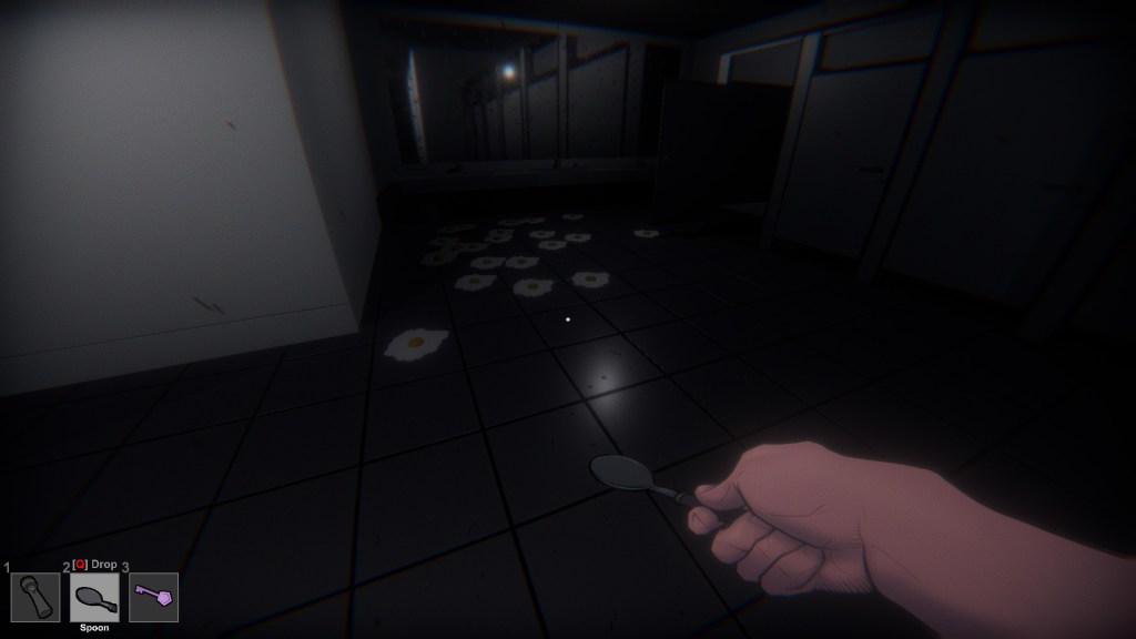 The player is in a dimly lit bathroom. At least twenty three broken eggs are visible by the bathroom sink. The player is holding a spoon.