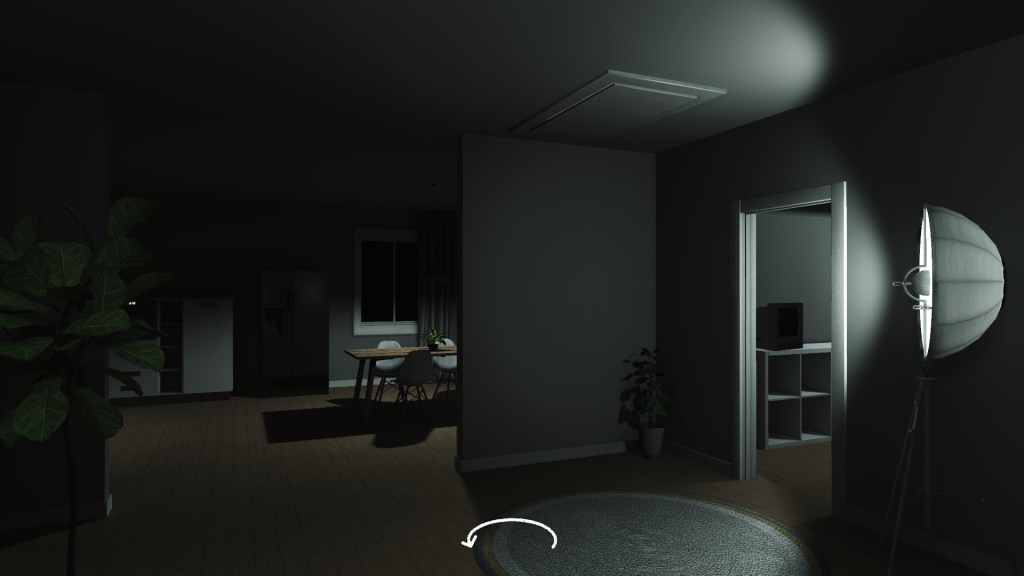 The player stands in the entrance of a home in Vestige. An attic door can be seen in the ceiling. Three plants of various sizes are in view, and along the back wall is a refrigerator and a dining table. The windows are dark.