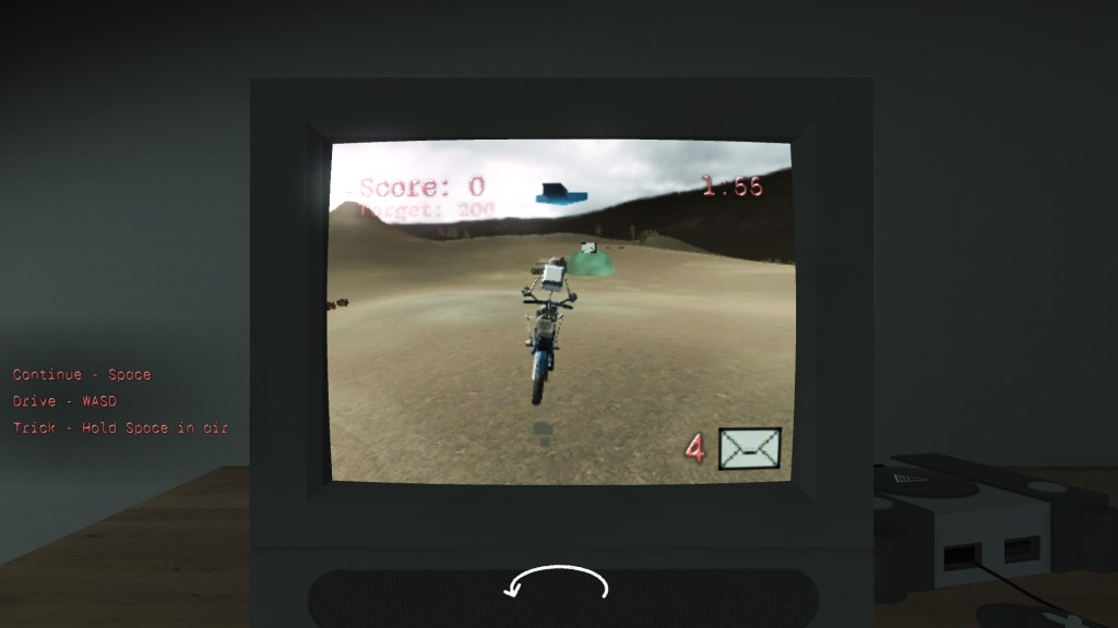 A skeletal courier cruises across the landscape on a motorcycle. An arrow is seen at the top of the screen pointing toward the next goal.