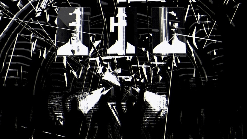 The nightclub scene is in full swing. People are enjoying the music and activities as lights go everywhere and three figures are projected over the crowd.