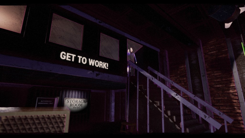 Alfred's boss stands in the doorway to his office, instructing the player to start cleaning up the stage. The boss has height and width, but no depth. Swanky purple shirt though.