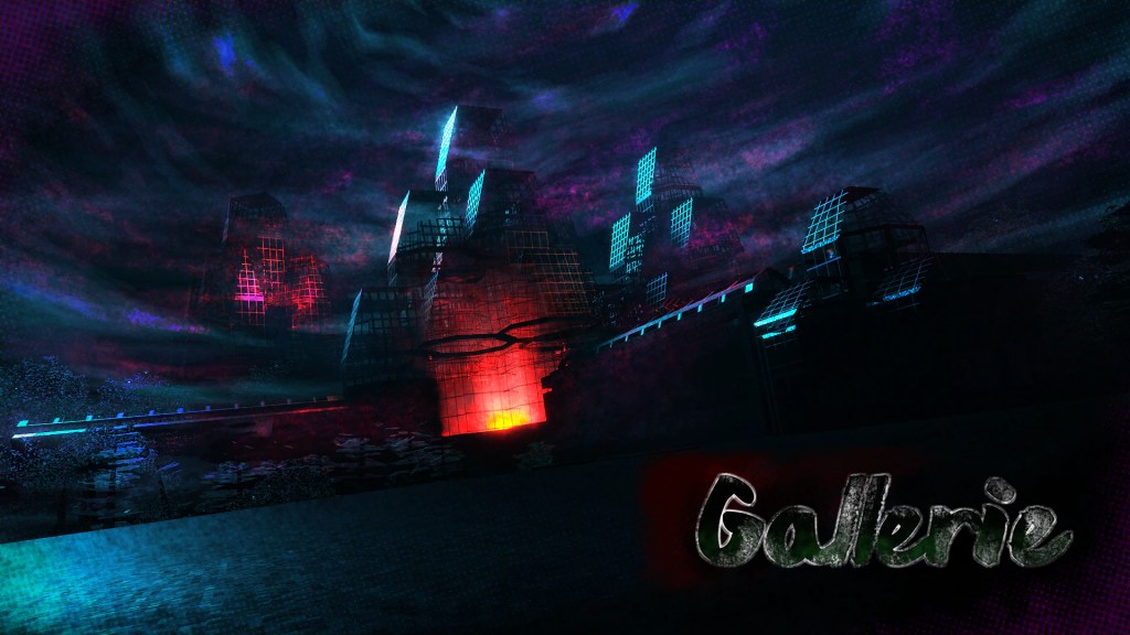 A large gallery is seen in the distance with a single orange light in the corner of the building. The sky overhead is a blend of green and magenta clouds. The title "Gallerie" is in the lower right-hand corner