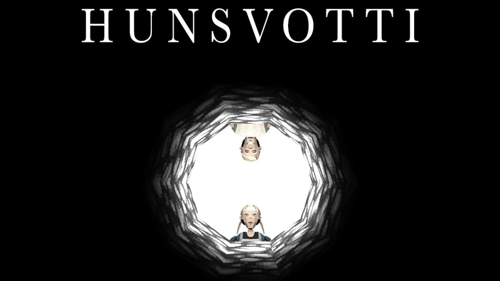 Two blond children look down into a well. The word "Hunsvotti" is written above the scene