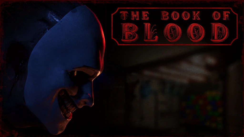 A mysterious figure in a sinister mask looks to the right against a carnival game in the background. The words "The Book of Blood" adorn the top right of the image.