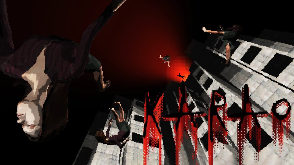 Approximately five women are falling out of a building. Some have guns pointing back up to the top of the building. The word "Karao" is written in the lower right, appearing to be smeared in blood.