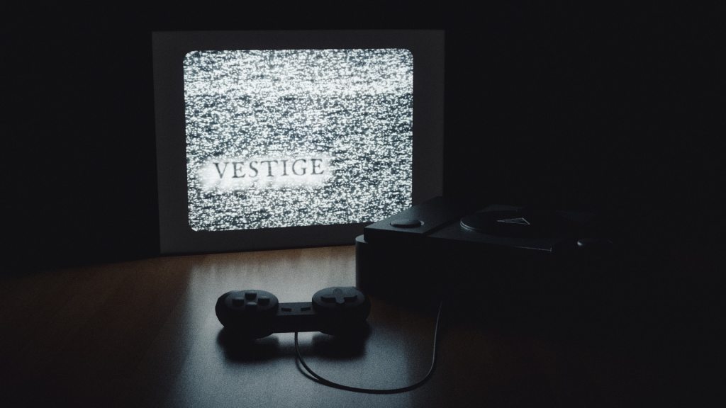 An old TV lights up a dark room. In the snow on the screen, the word "Vestige" can be made out. A game console and controller are on the table in front of the TV.
