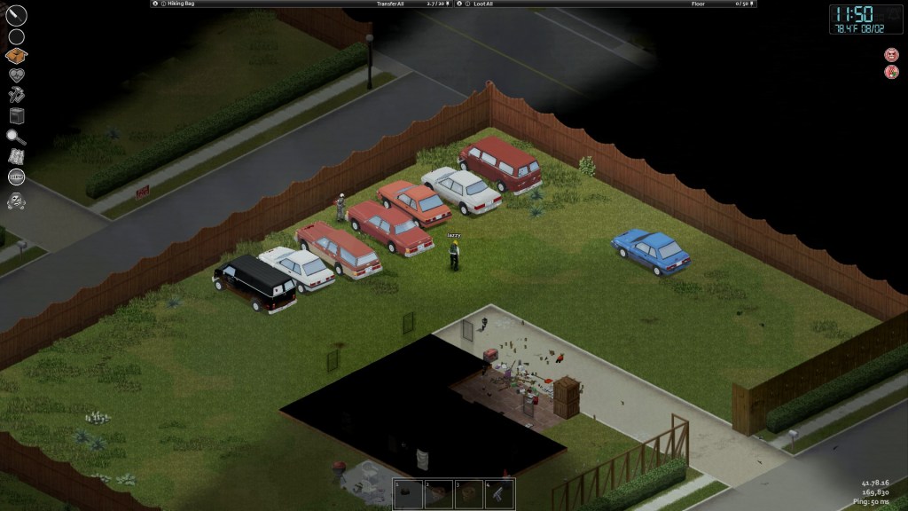 Two characters stand near eight cars on a lawn in Muldraugh, Kentucky. The player, labeled "Jazzy" here, is closer to the house. The driveway is full of empty cans and broken weapons.