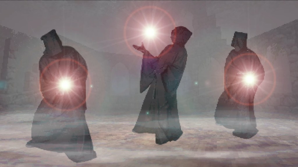 Three wizards prepare to attack druids off screen to the left. Their magic is producing a lens flare above or between their hands.