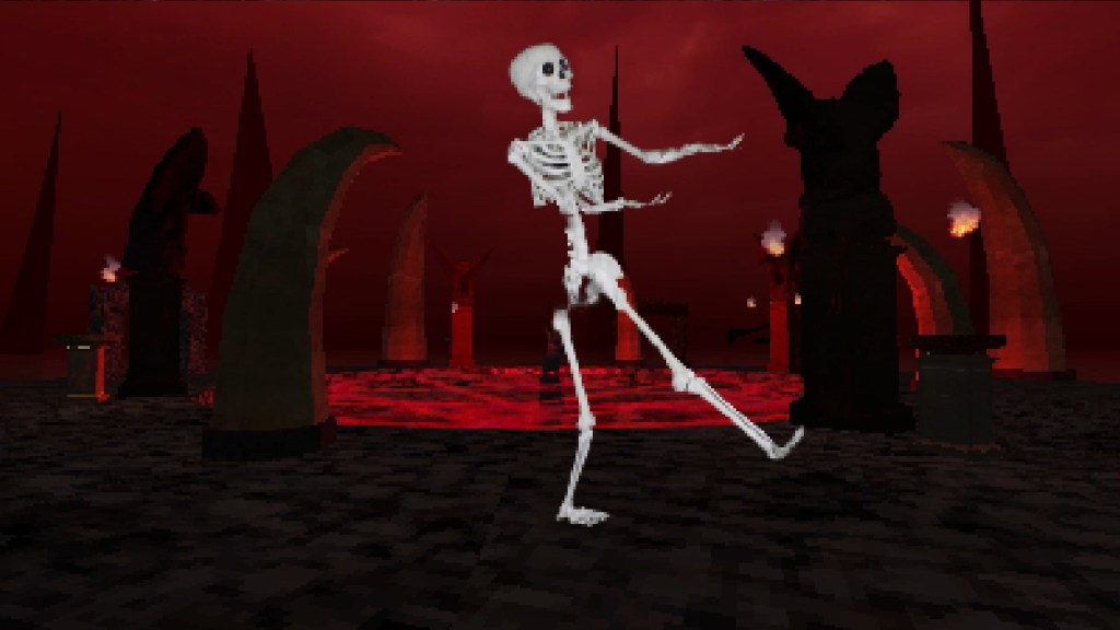 A skeleton is mid-dance in the middle of a screen, celebrating its return to life. Spillover from the green screen has partially obscured some of the ribs and pelvis.