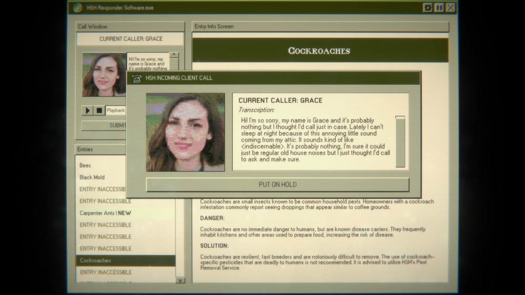 The Home Safety Hotline Responder Software. On screen is a call from a woman named Grace asking for help with sounds coming from her attic at night and attempts to recreate them to assist the player.