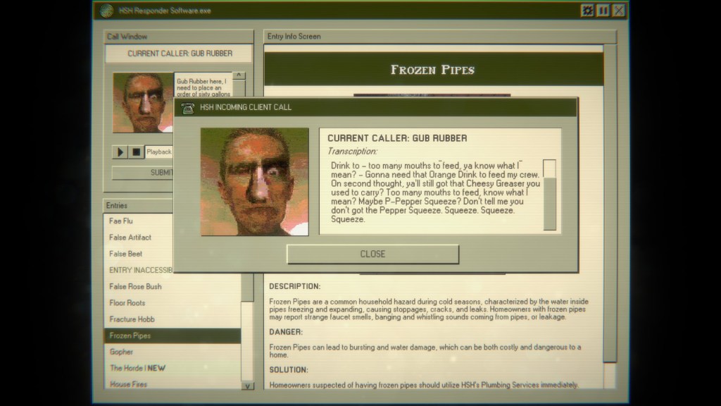 A caller named Gub Rubber tries to place an order for Orange Drink before changing their mind and asking for Cheesy Greaser and Pepper Squeeze. Whatever those are.